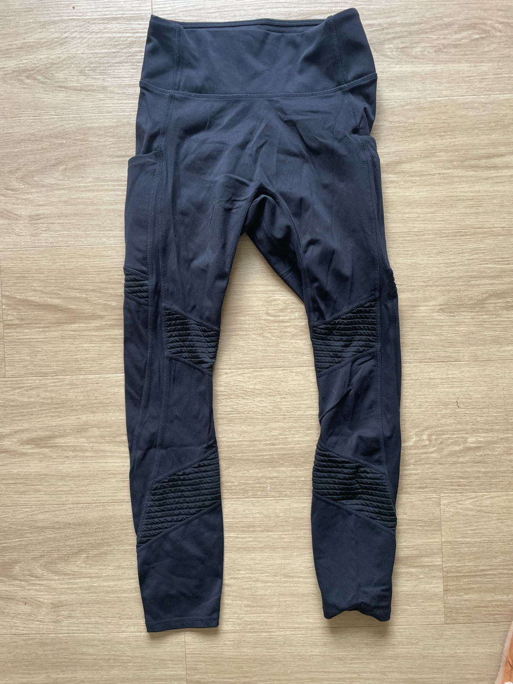 Fabletics Black Ribbed Moto-Panel Leggings